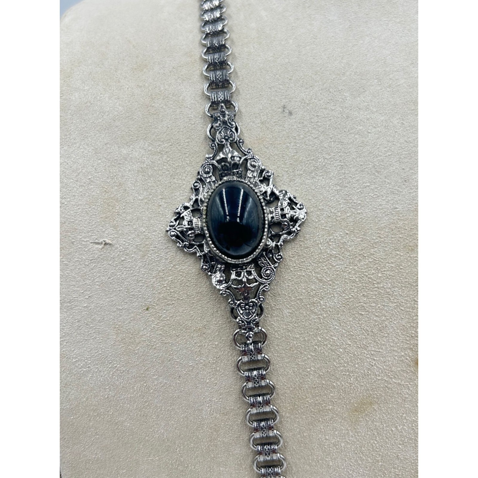 Signed EDLEE Vintage Necklace Silver Tone Dragons Ornate Bookchain Beads Dangles
