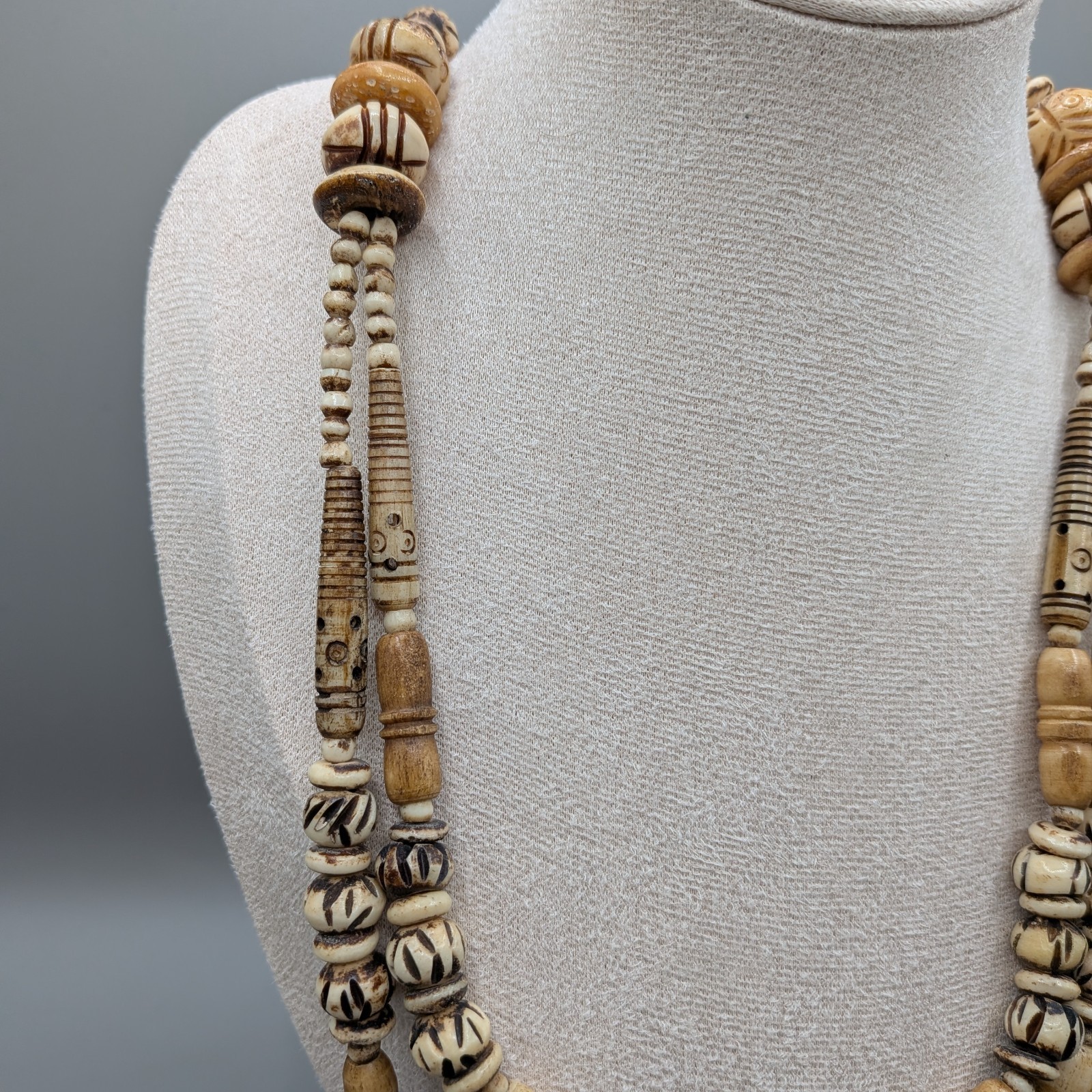 Vtg African Tribal Bovine Bone Chunky Double Strand Layer Statement Necklace 32″