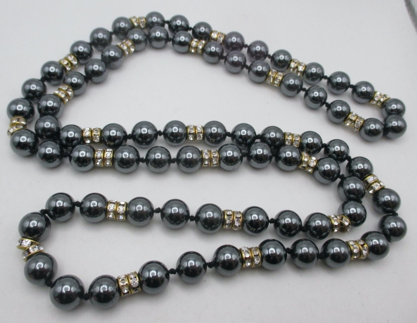 VTG Hematite Rhinestone Disk Beaded Hand Knotted Necklace 36″