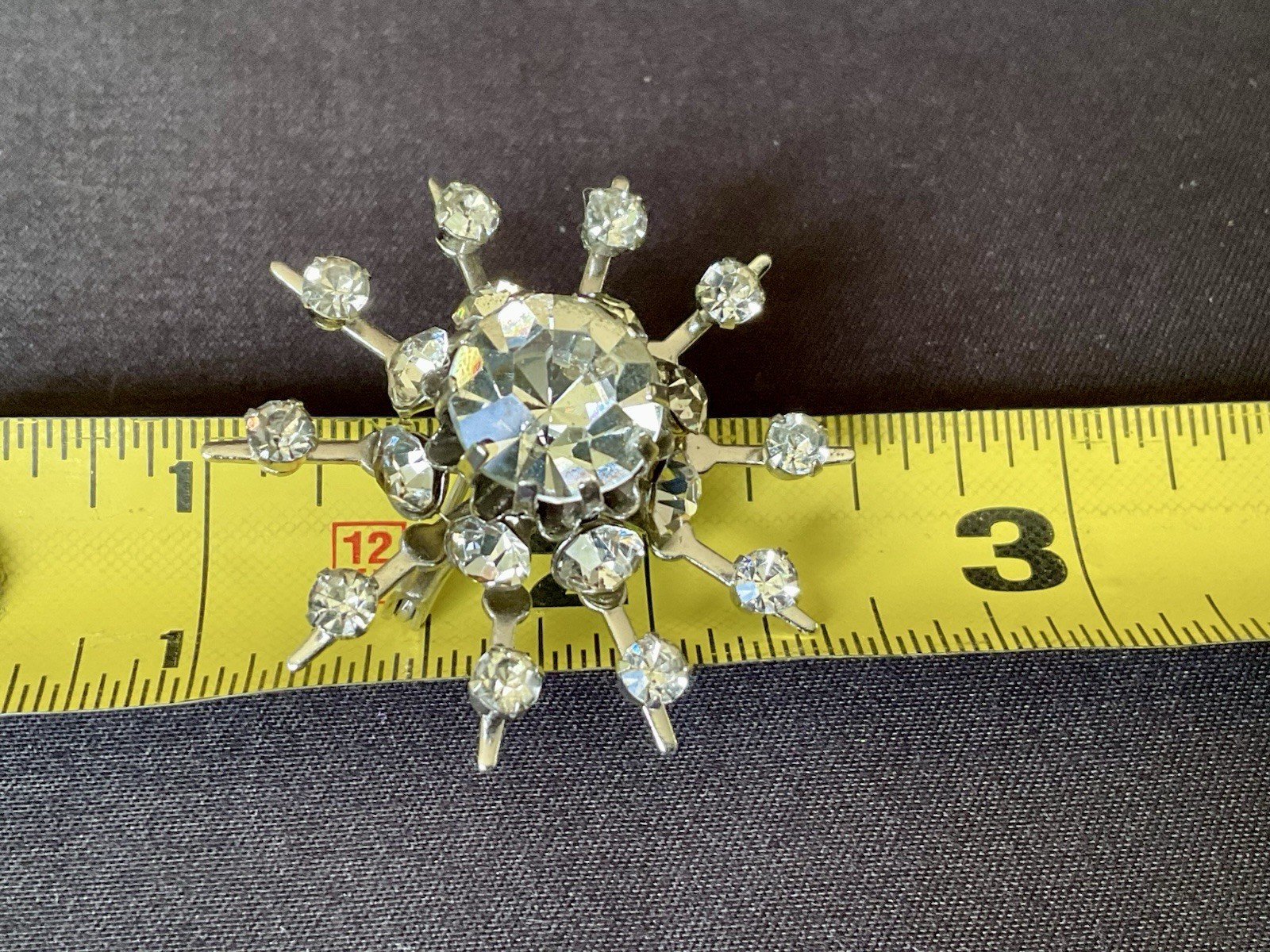 Vintage Coro Brooch Atomic Starburst Clear Rhinestone Silver Tone 1.5″ MCM Pin