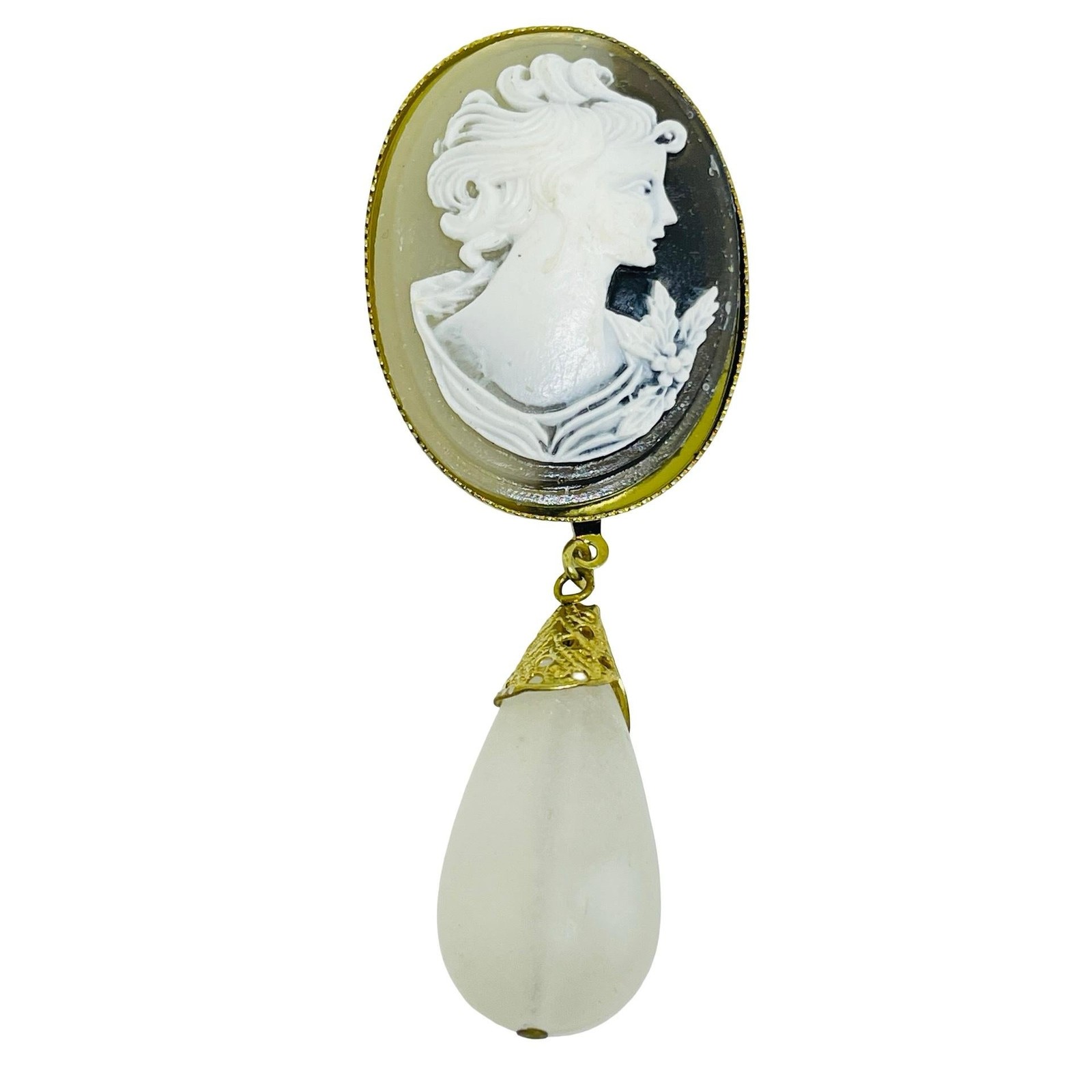 Vintage gold tone resin cameo dangle designer brooch