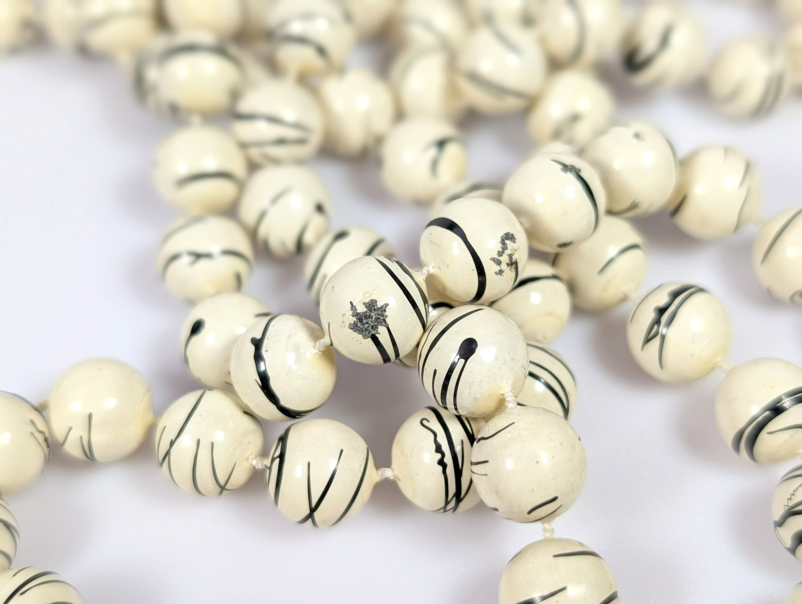 Vtg Black and White Paint Splatter Long Beaded Necklace LOT 54″ each