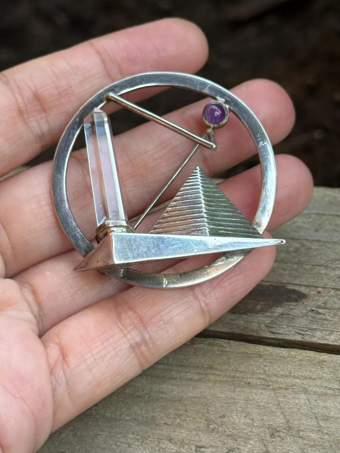 Artisan vintage brooch 925 sterling silver Bergkristall Amethyst