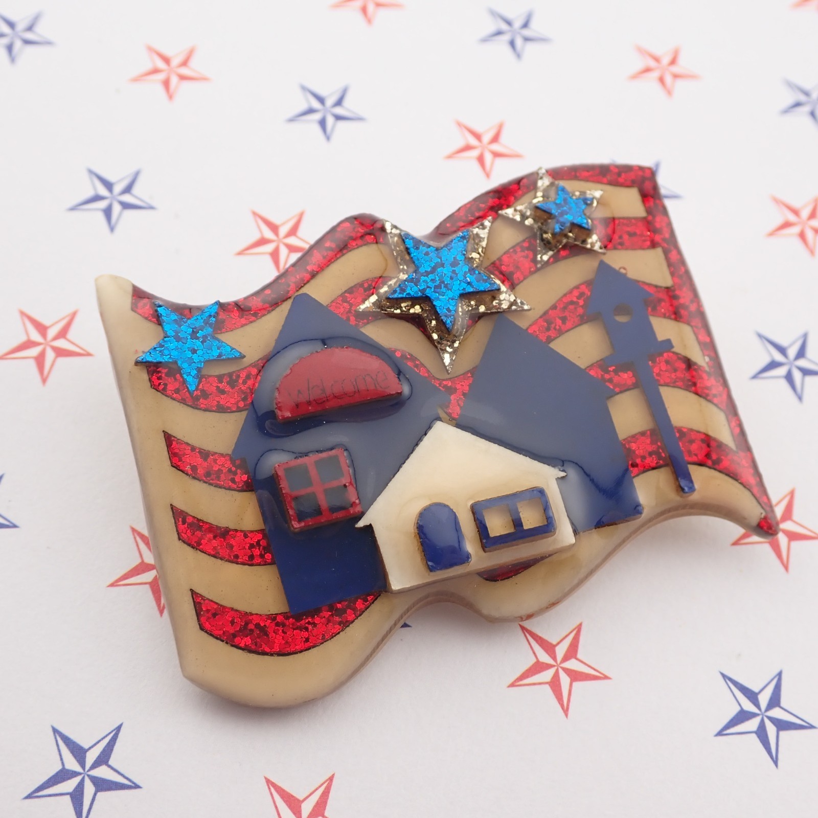 Vintage Lucinda Patriotic USA Flag Sparkle House Pin Brooch