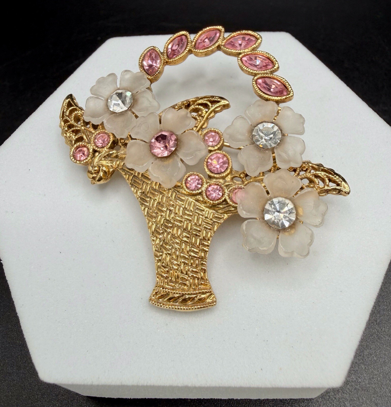 Vintage 1928 Gold Tone Basket Pin Brooch Lucite Flowers Pink/Clear Rhinestones