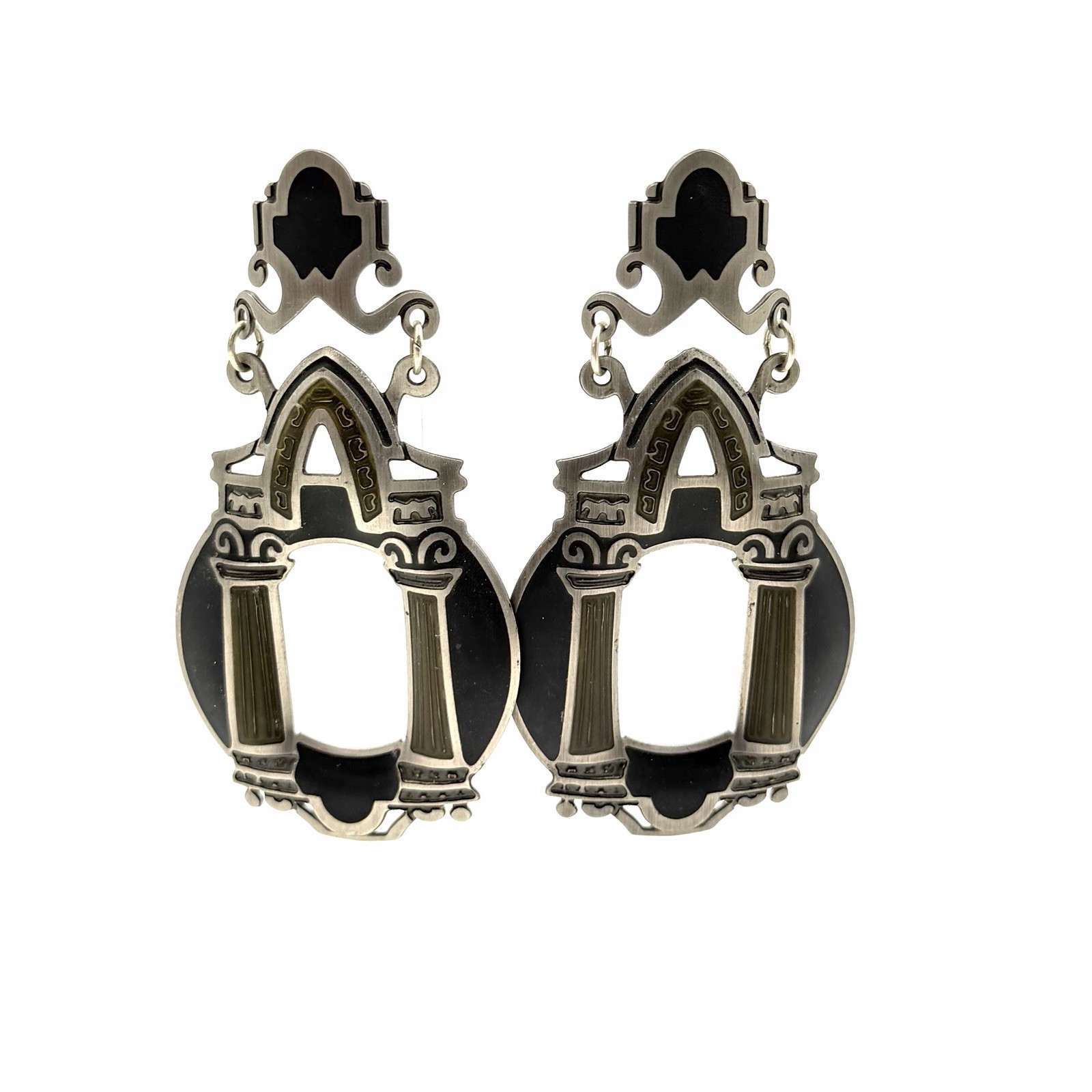 EDGAR BEREBI Earrings Silver Black Enamel Drop Dangle Post Stud