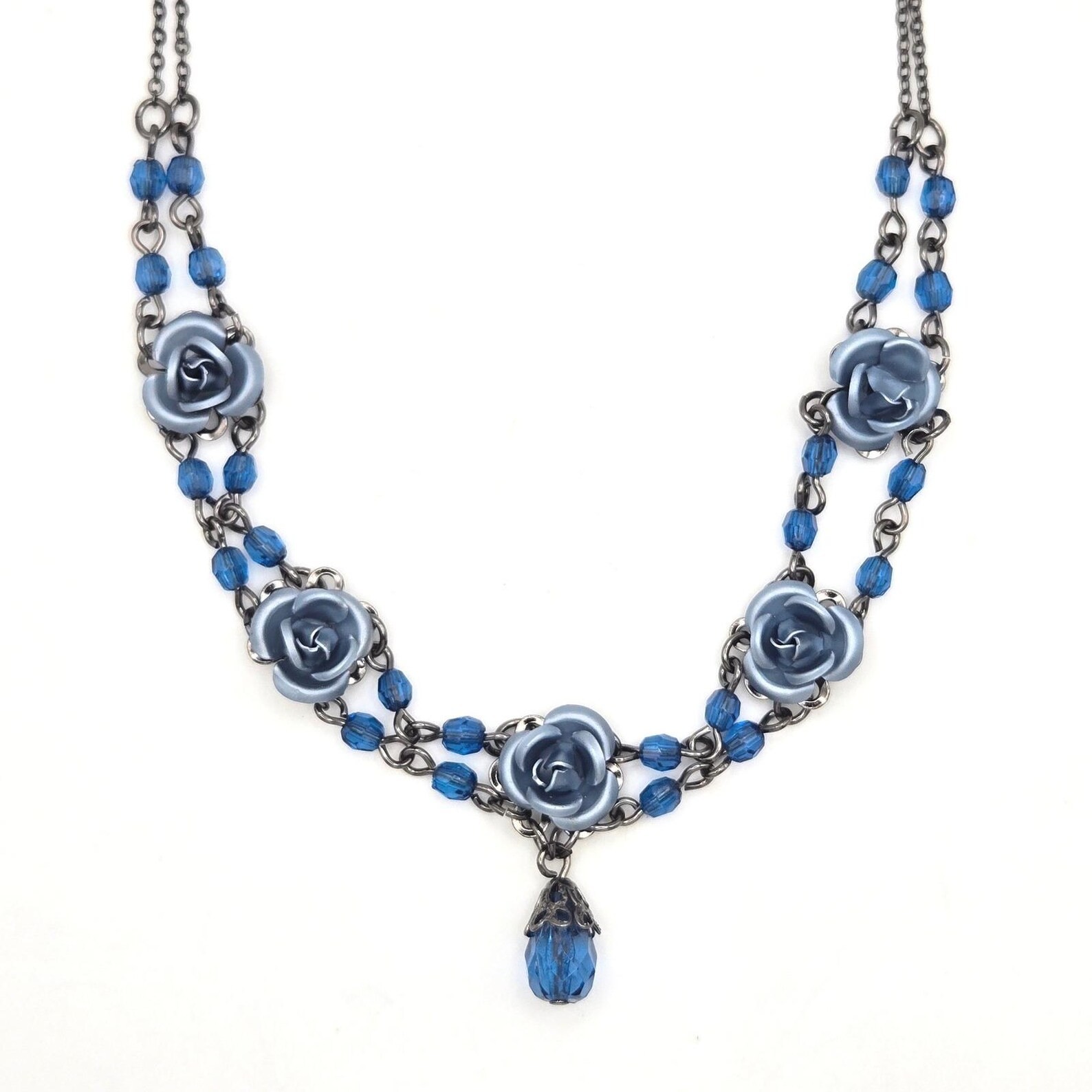 Vintage Blue Rose Necklace and Earrings Gift Set Boxed Avon 2003
