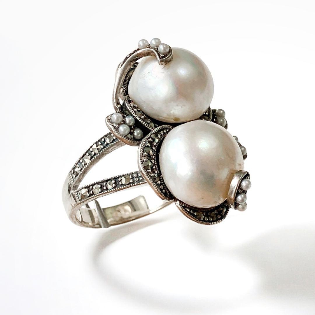 VINTAGE Vintage Baroque Pearl Marcasite Silver 925 Ring Size 7.5