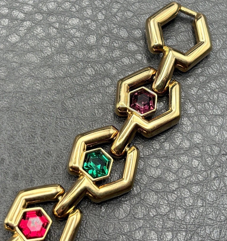 VTG 80s SWAROVSKI SWAN Gold Tone Hexagon Link Bracelet Green Purple Red Crystal
