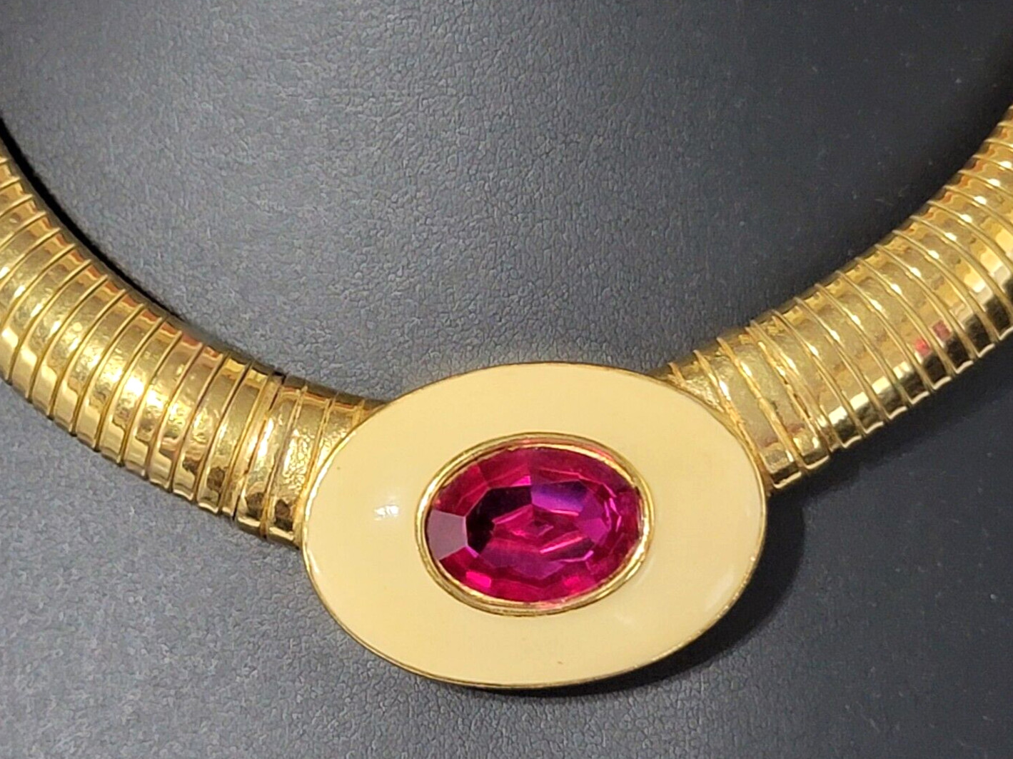 Vintage Yves Saint Laurent YSL Pink Crystal Tubogas Cream Enamel Collar Necklace