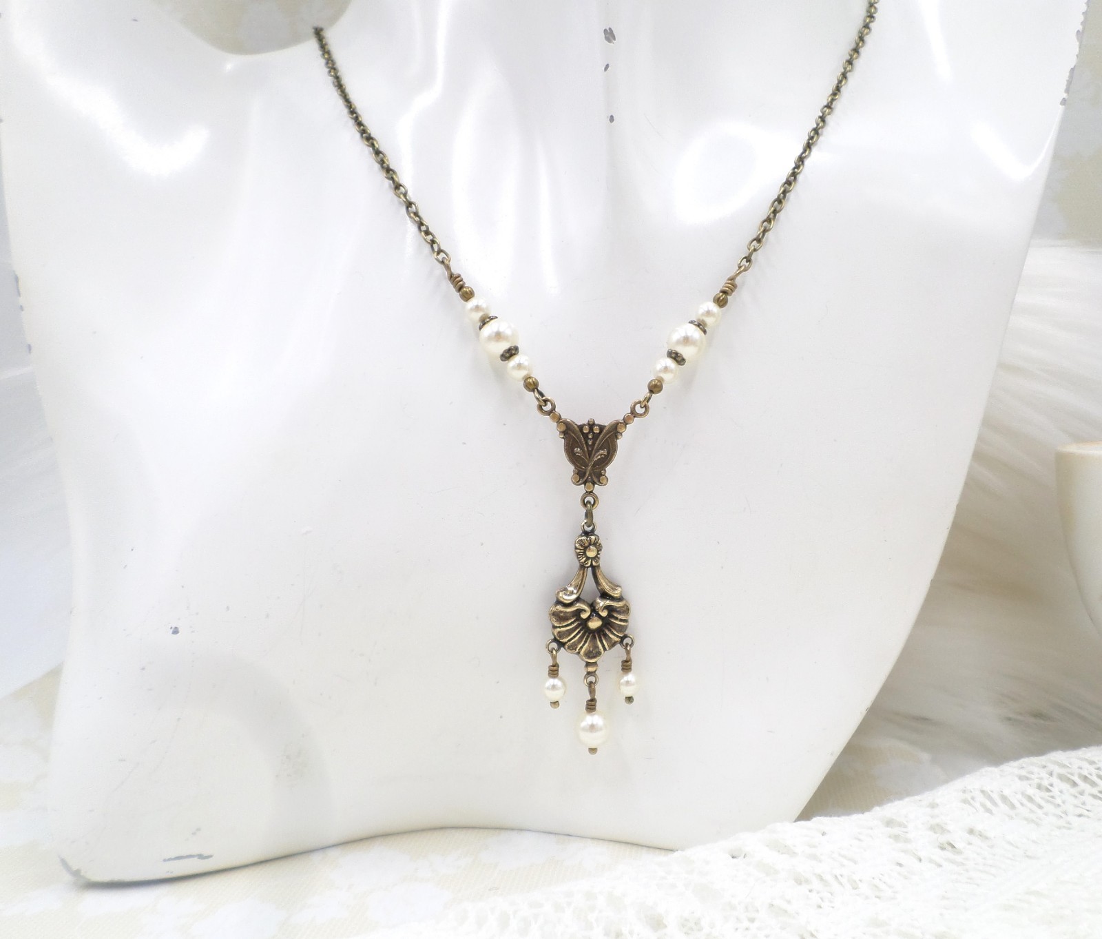 Victorian Pearl Necklace: Antique Brass Romantic Floral Handmade Vintage Jewelry