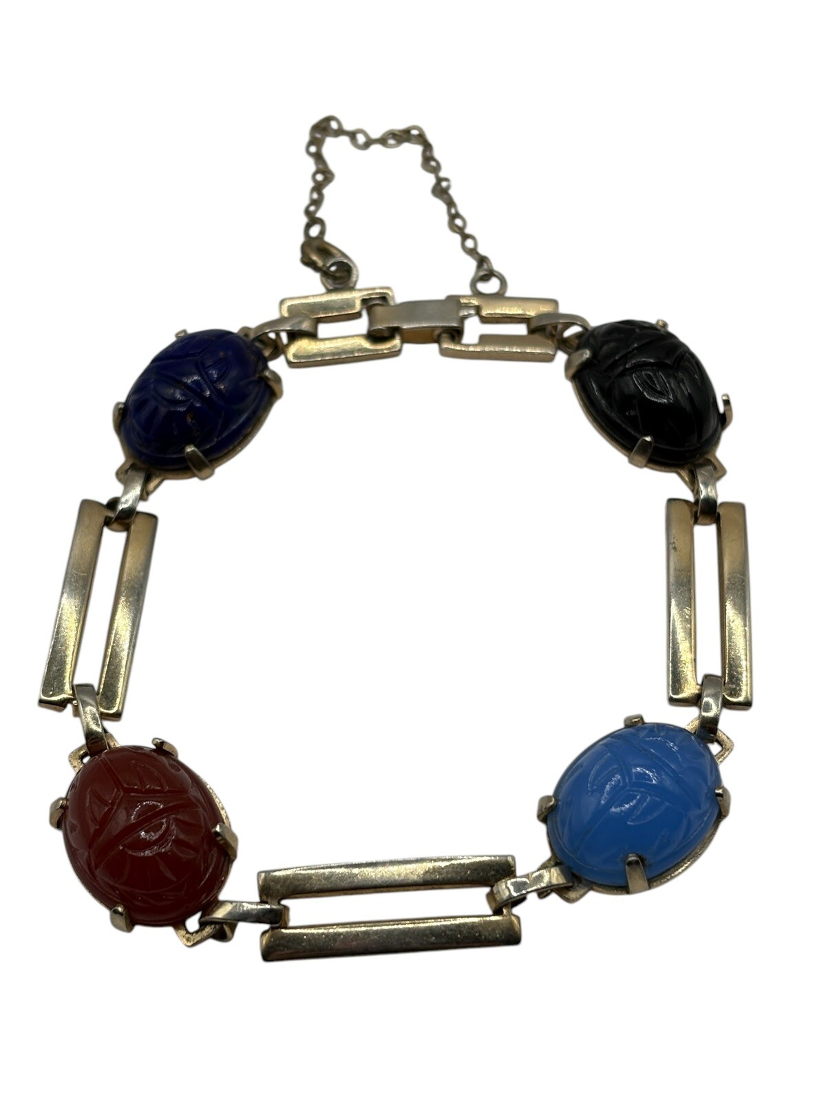 Vintage Egyptian Revival Carved Glass Scarab Bracelet Safety Chain READ