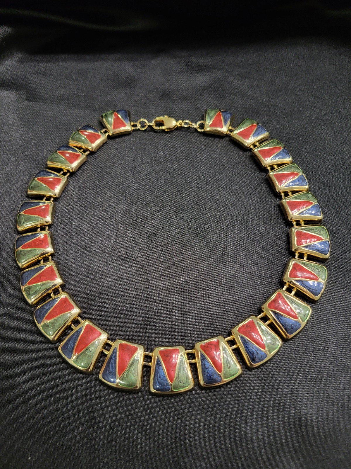 Vintage 1980s Gold Tone Enamel Geometric Panel Collar Choker Statement Necklace
