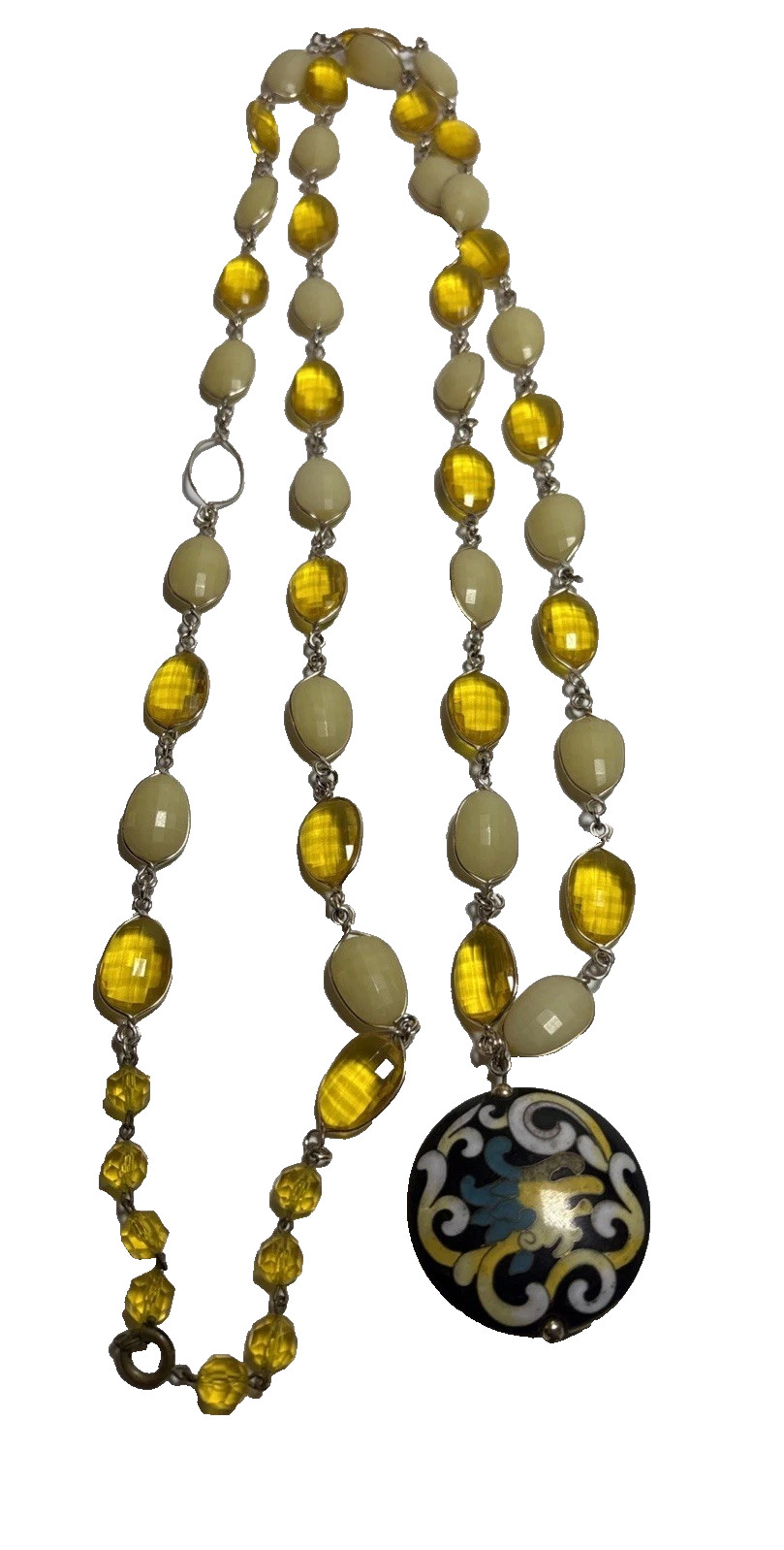 Vintage Cloisonne Pendant With Faux Yellow Plastic Gem Necklace 29″ Long