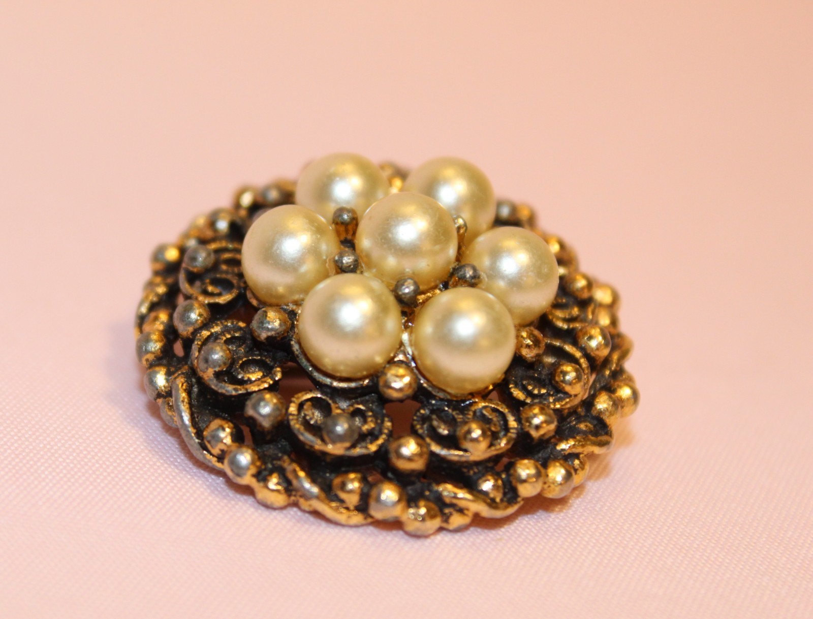 Vintage Barclay Faux Pearl Cluster Gold Tone Filigree Brooch Pin Signed 1940s–50