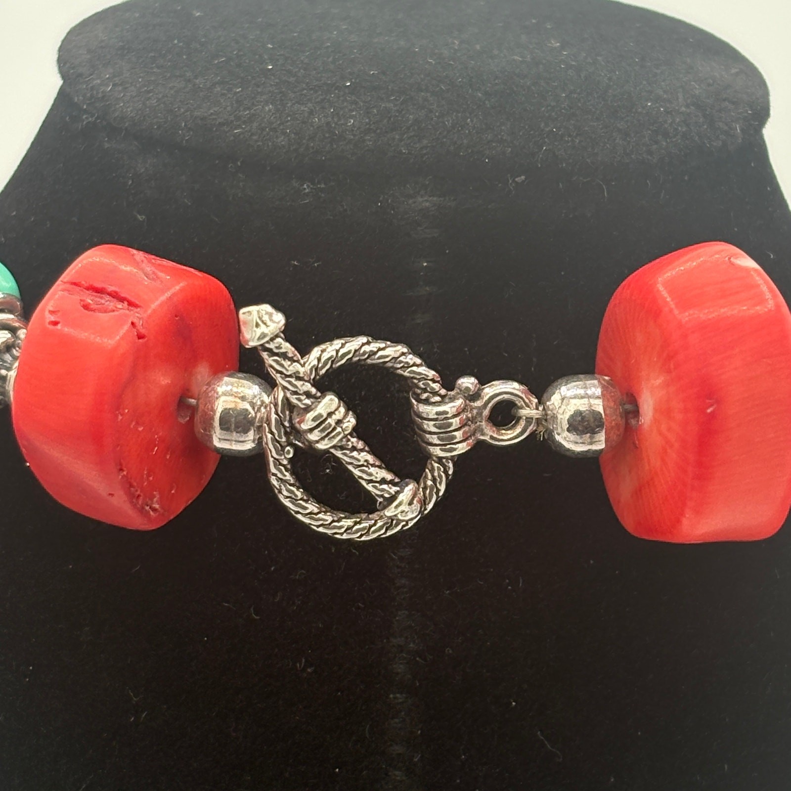 Artisan Bamboo Coral & Composite Turquoise Necklace with Sterling Silver Accents