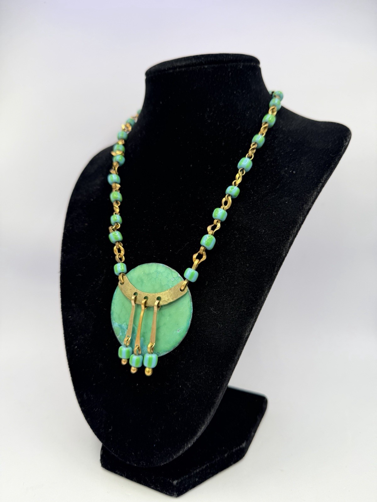 Vintage Oxidized Green OOAK Handmade Chain Statement Collar Necklace 15” DbG Z