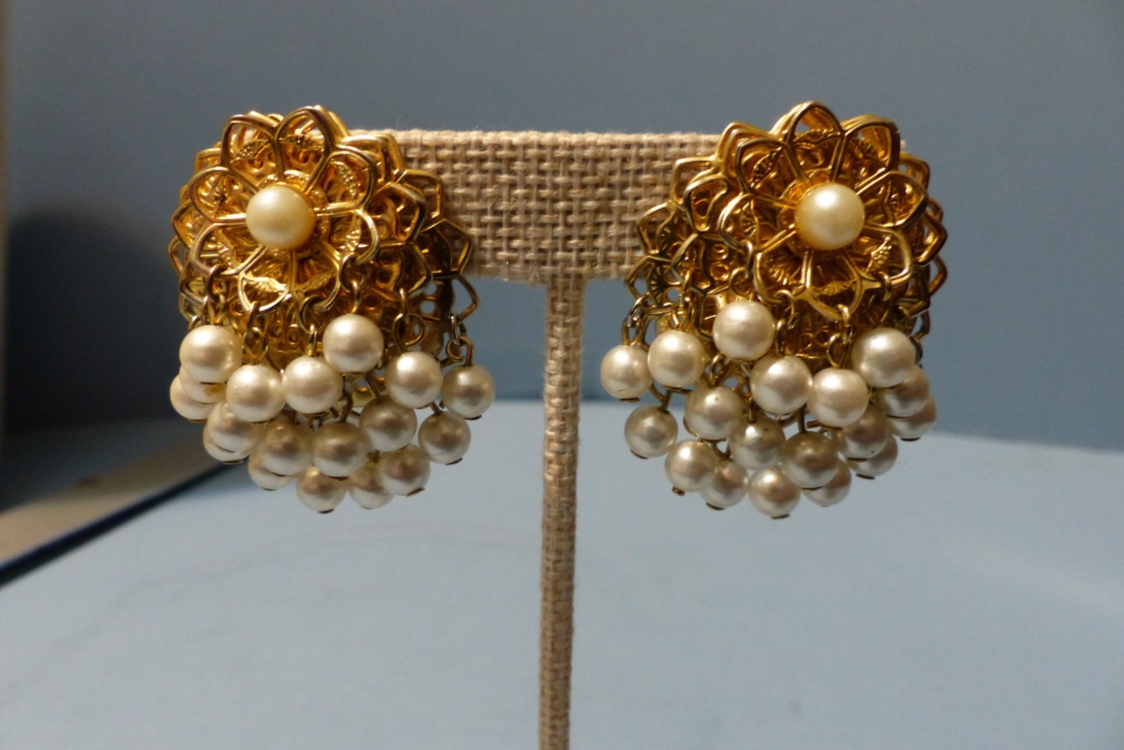 Vintage Goldtone Jhumka Faux Pearl Post Back Earings Traditional Indian