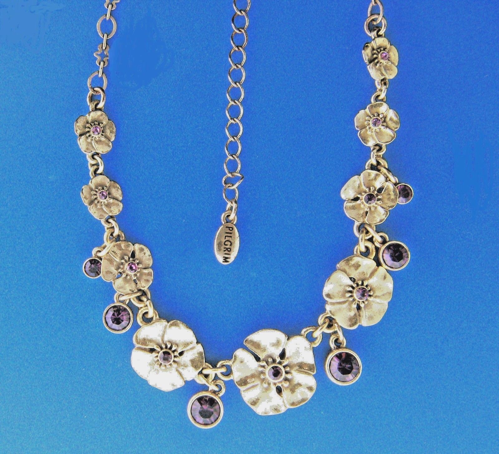 Pilgrim Purple Crystal Rhinestone Floral Link Necklace Gold Tone