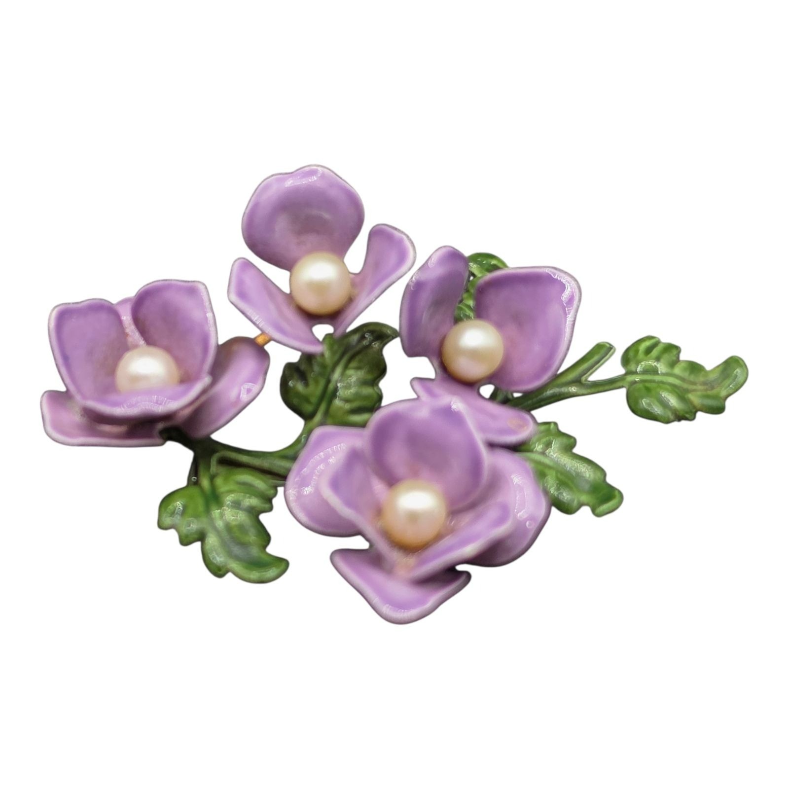 Lilac Enamel Floral Brooch Clip-On Earrings Set Faux Pearls Vintage Jewelry