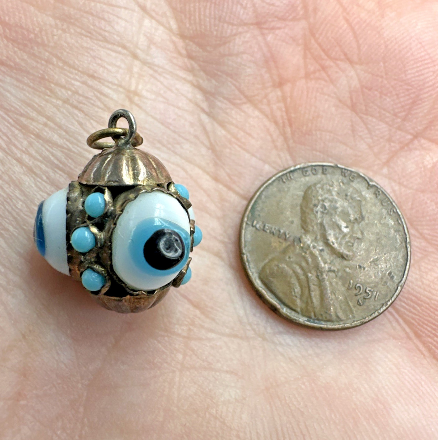Vtg Victorian? Triple Evil Eye Blown Glass Gilted Brass Pendant Good Luck Amulet
