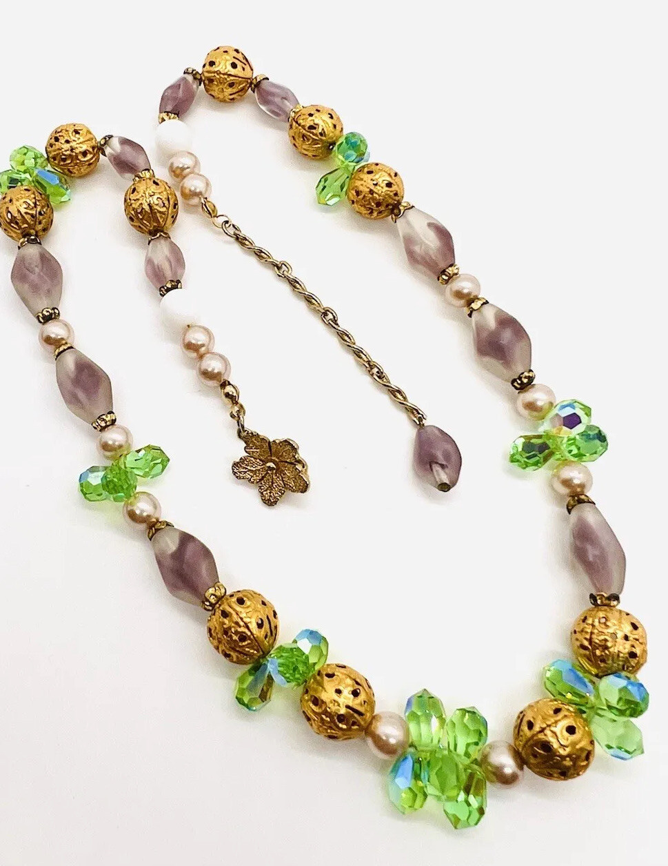 VENDOME Frosted Lavender Givre Glass Beaded Necklace Signed Vintage Jewelry
