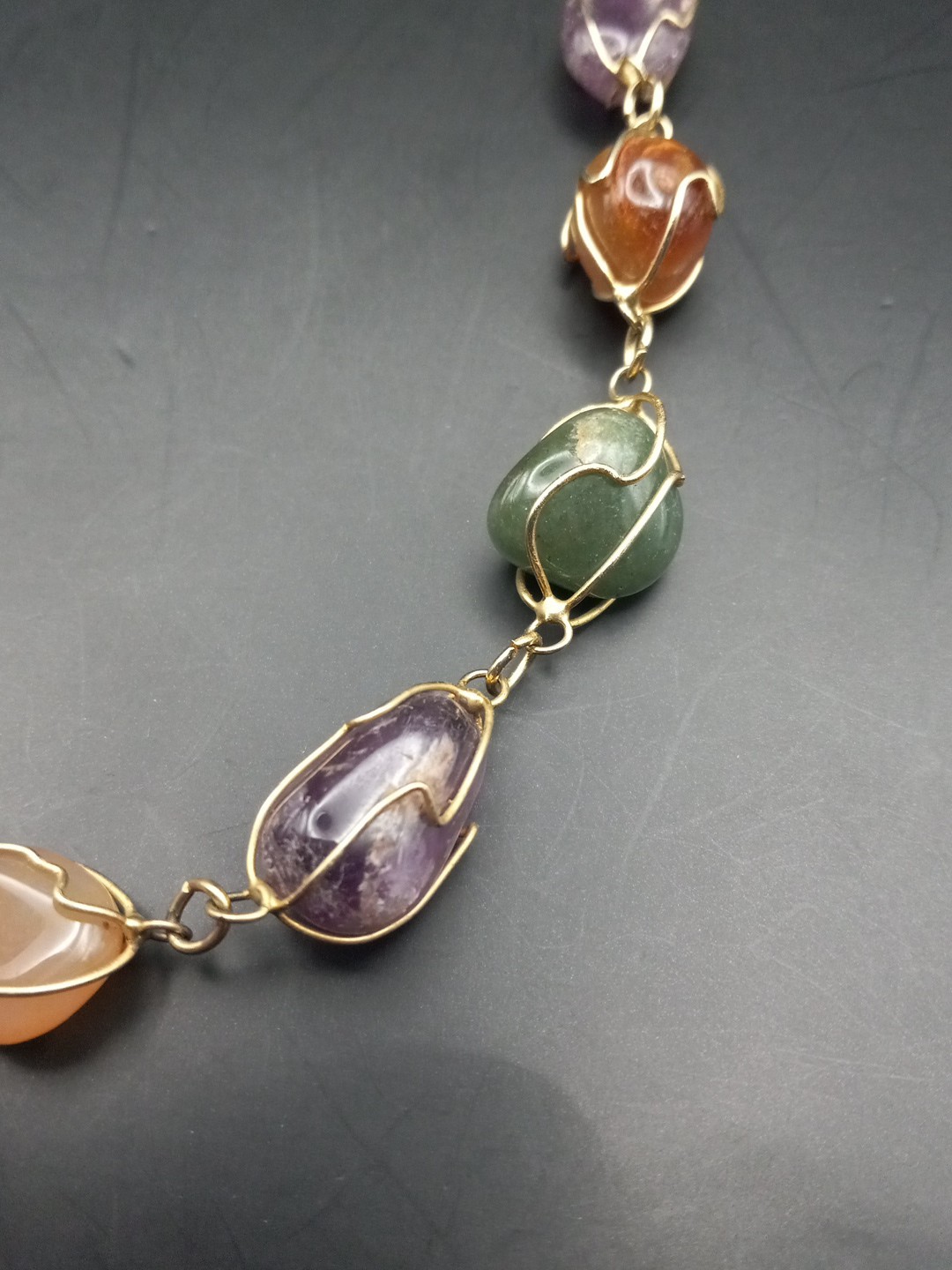 Vintage Amethyst, Jade Agate, Carnelian Goldgilt Wire Long Necklace