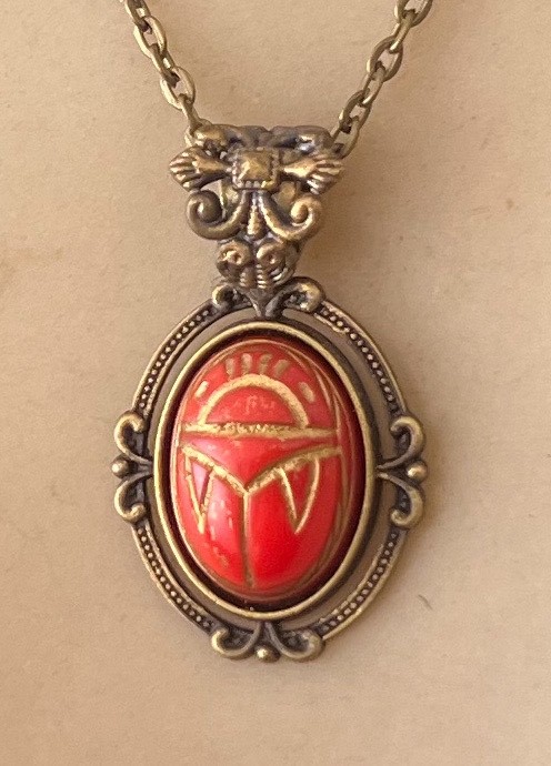 Vintage Scarab Necklace Egyptian Revival Pendant Antique Celluloid Beetle