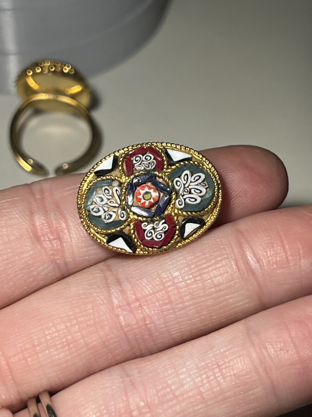 Two Vintage Italian Micro Mosaic Floral Chipped Glass Adjustable Rings