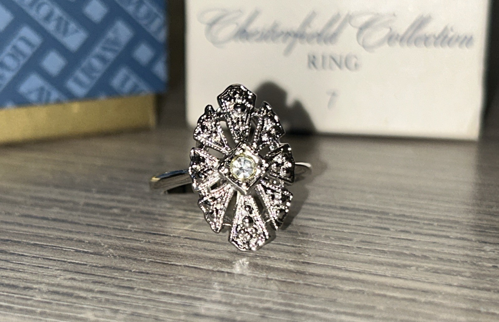 Vintage Avon Chesterfield Collection Ring Deco Style Silvertone Size 7