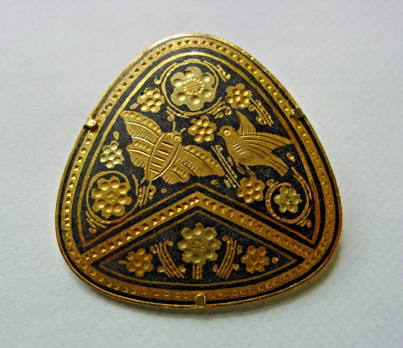 Vintage Damascene w/ Birds Bees and Flowers Pin Gold Tone Brooch ~ Unsigned