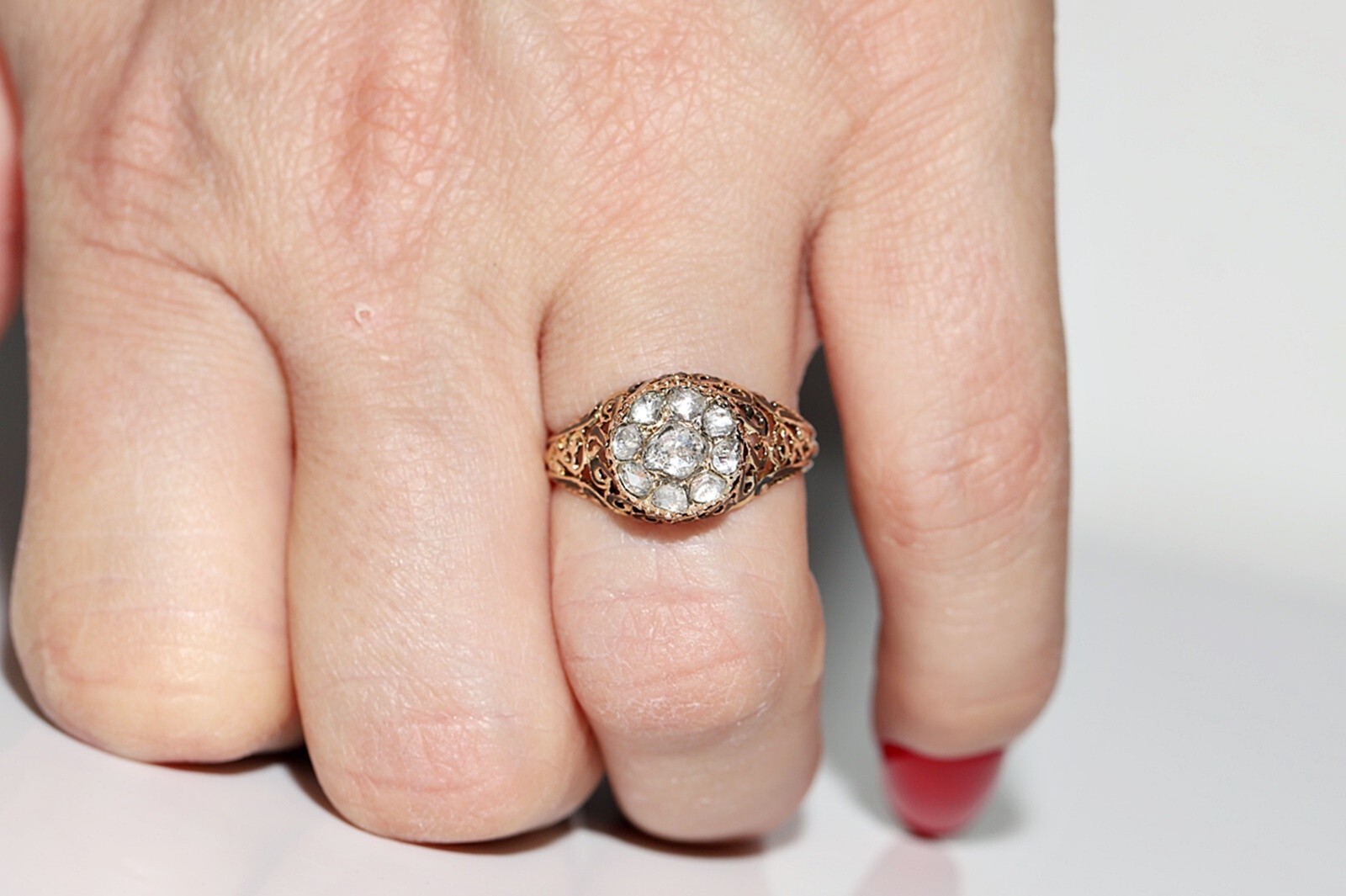 Antique Ottoman Circa 1900s 14k Gold Natural Rose Cut Diamond Enamel Ring