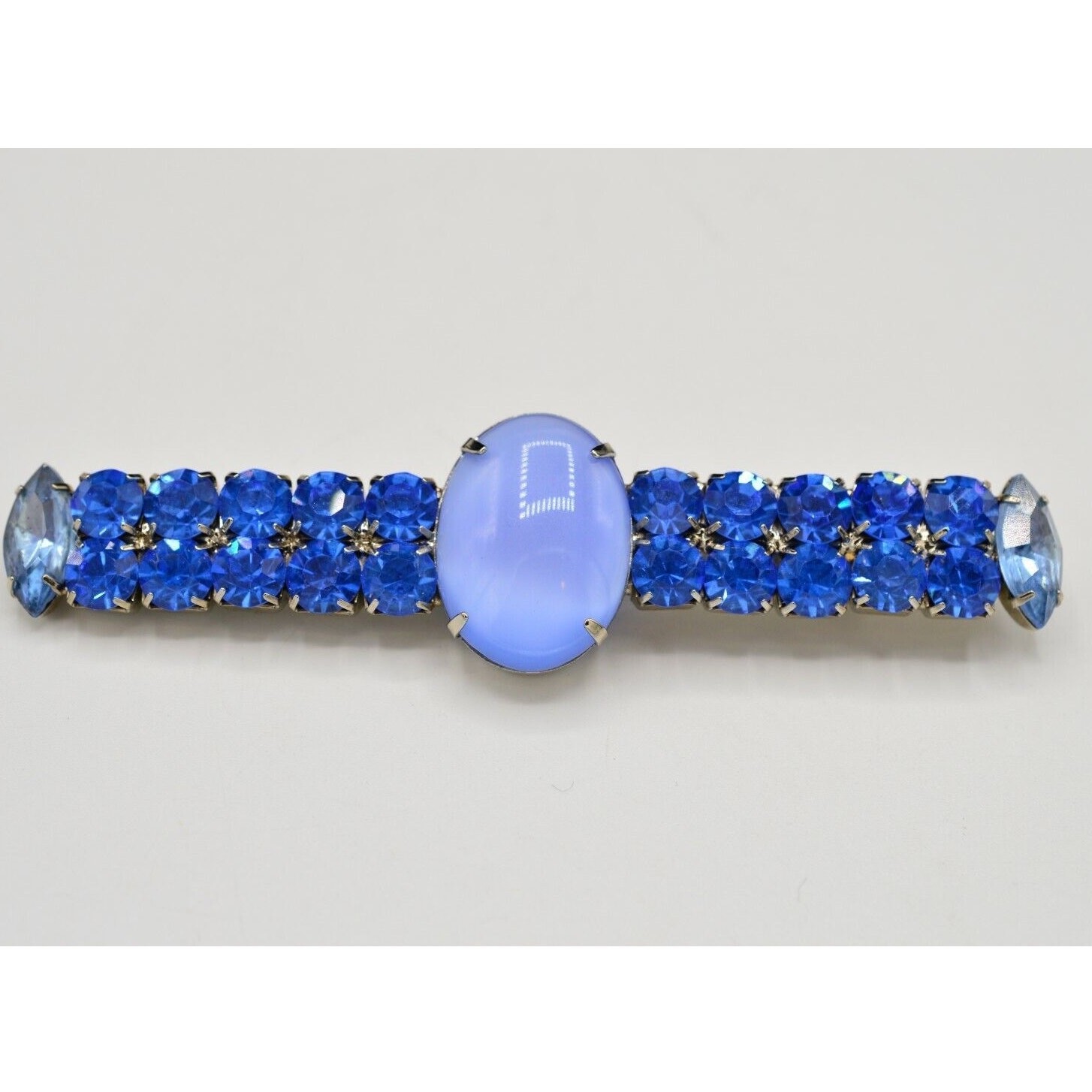 Vintage Cabochon Crystal Pin Brooch Prong Rhinestone Blue Bar Chunky 1980s BinV