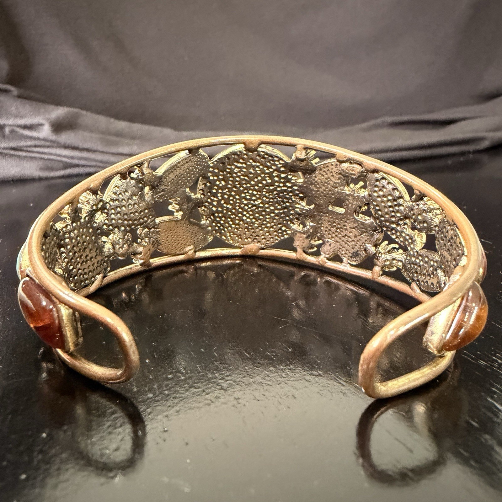 Vintage Amber Lucite Cabochon Cuff Bracelet Turquoise Glass Boho Statement 8in
