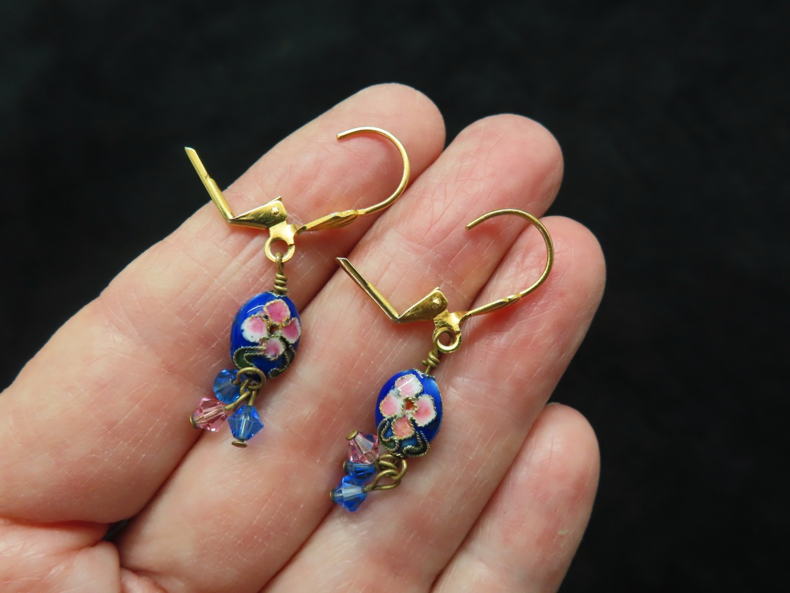 Vintage 1990’s Cloisonne Dangle Crystal Bead Pierced Earrings