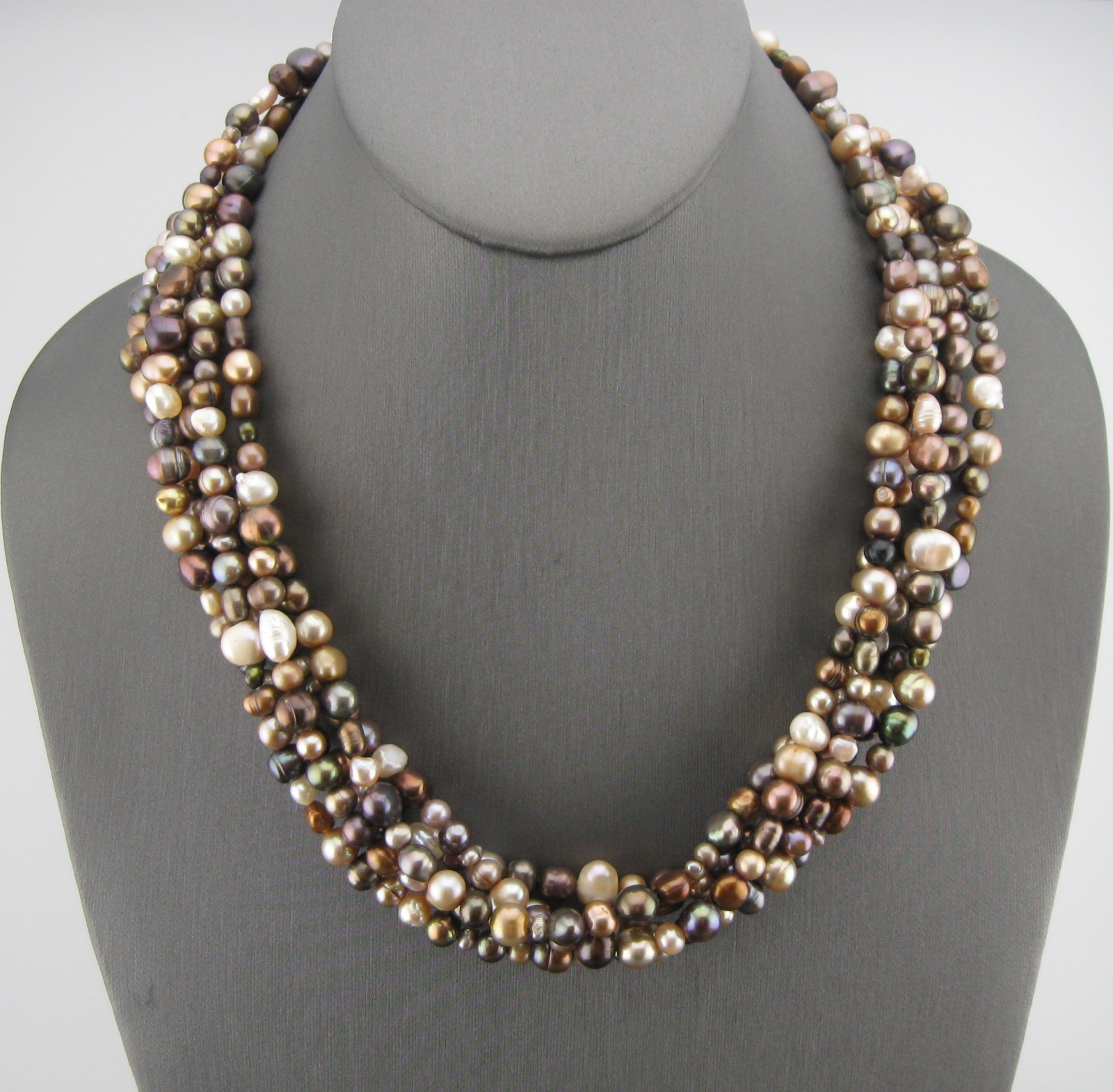 Multicolor Freshwater Pearl Multi Shape Five Strand Necklace Sterling Clasp