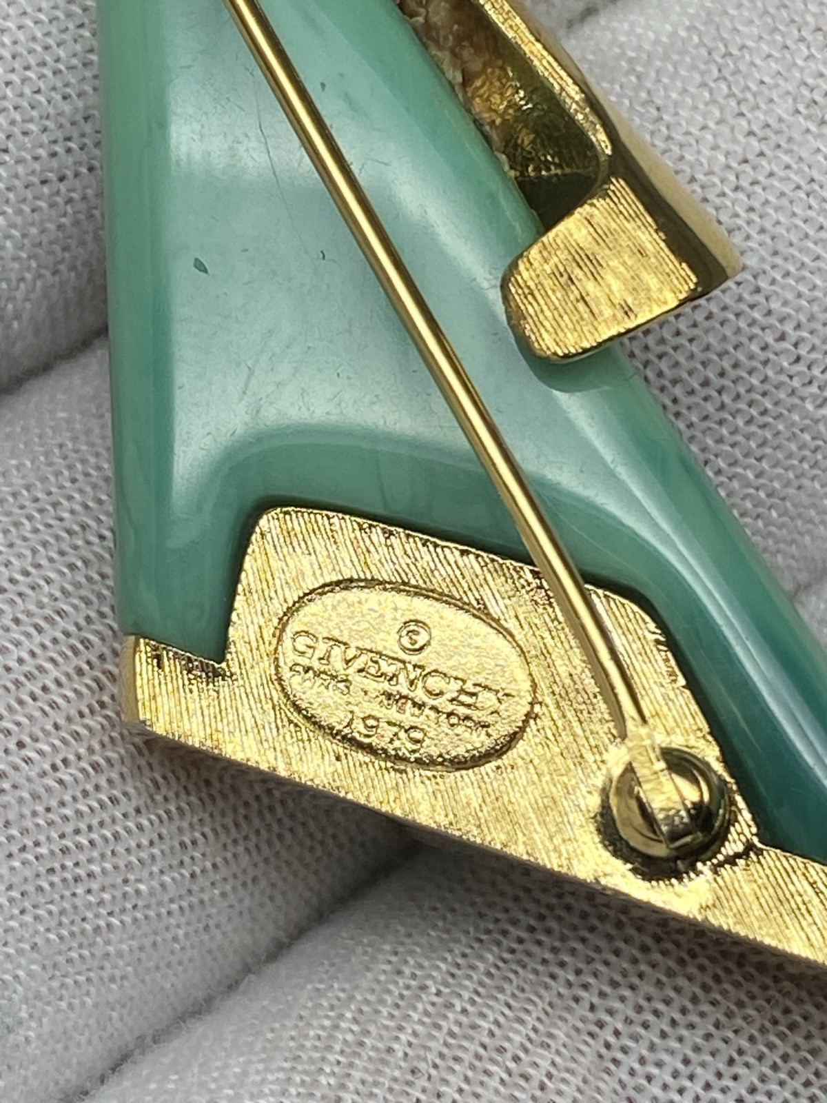 Givenchy Vintage Brooch Pin Green Stone Gold Setting 1979 New York Paris