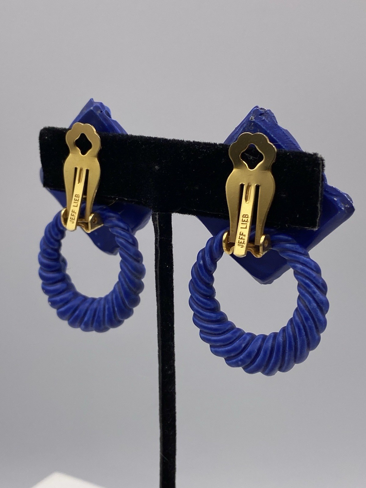 Jeff Lieb Signed Blue Rhinestones Clip On Earrings Squares W/ Detachable Circles