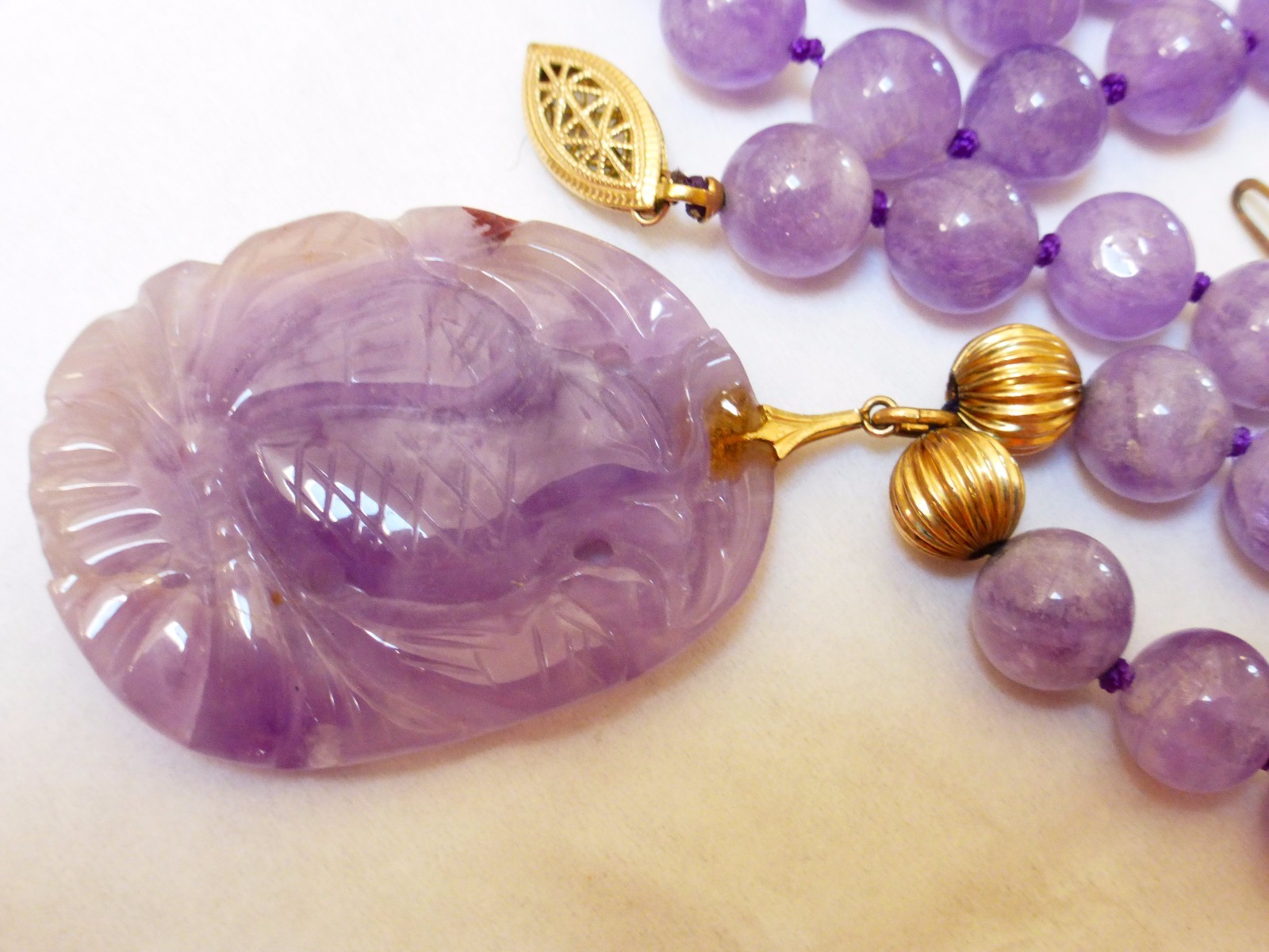 VINTAGE AMETHYST BEAD NECKLACE PENDANT 14kgf