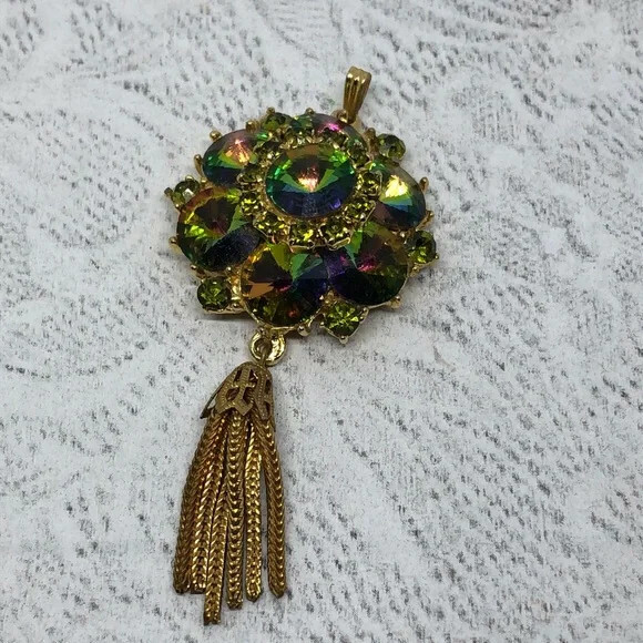 Vintage signed Edlee peacock dazzling crystal pendant dressy costume glam