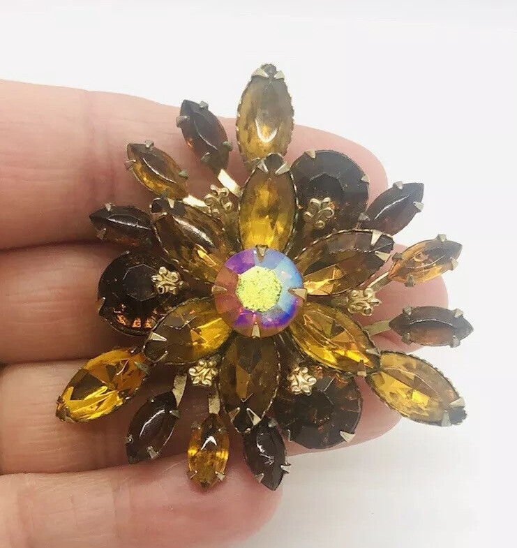 Large Beau Jewels Topaz & Amber Rhinestone Brooch 2 1/8 Inches Vintage Jewelry