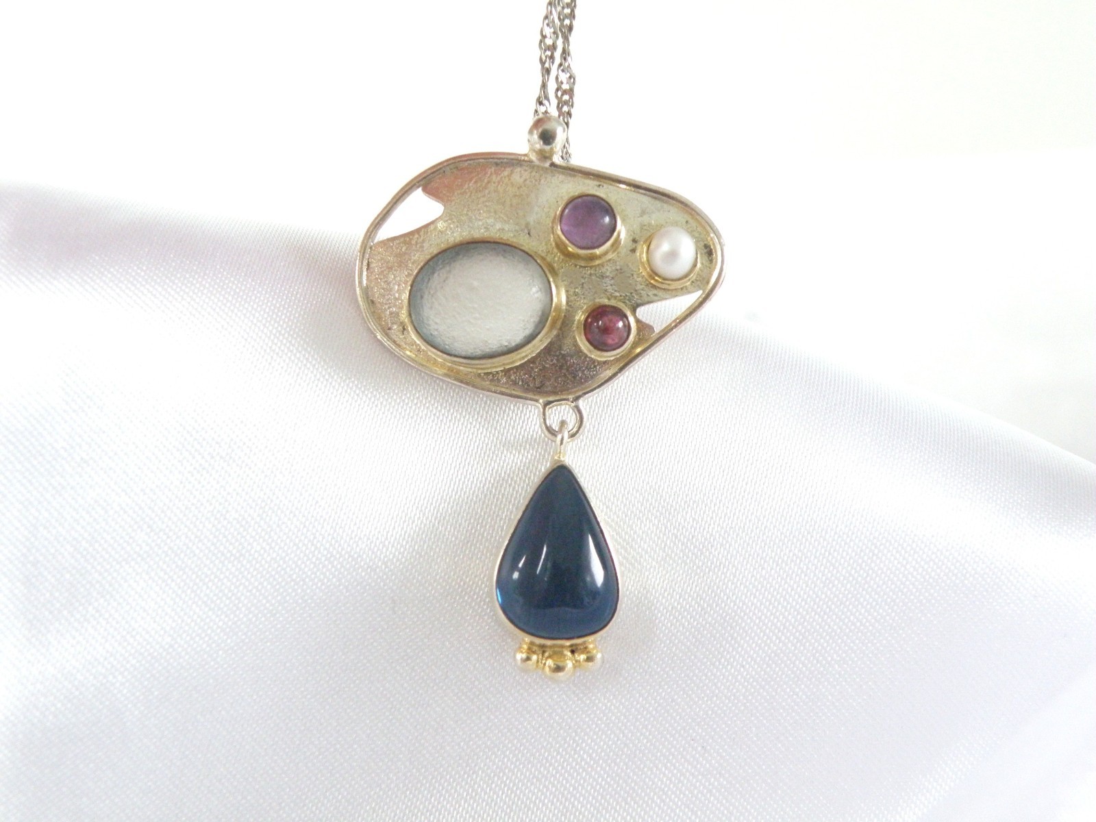 Artisan Sterling Silver 925 Beach Glass Gemstone Modernist Pendant Necklace 18.5