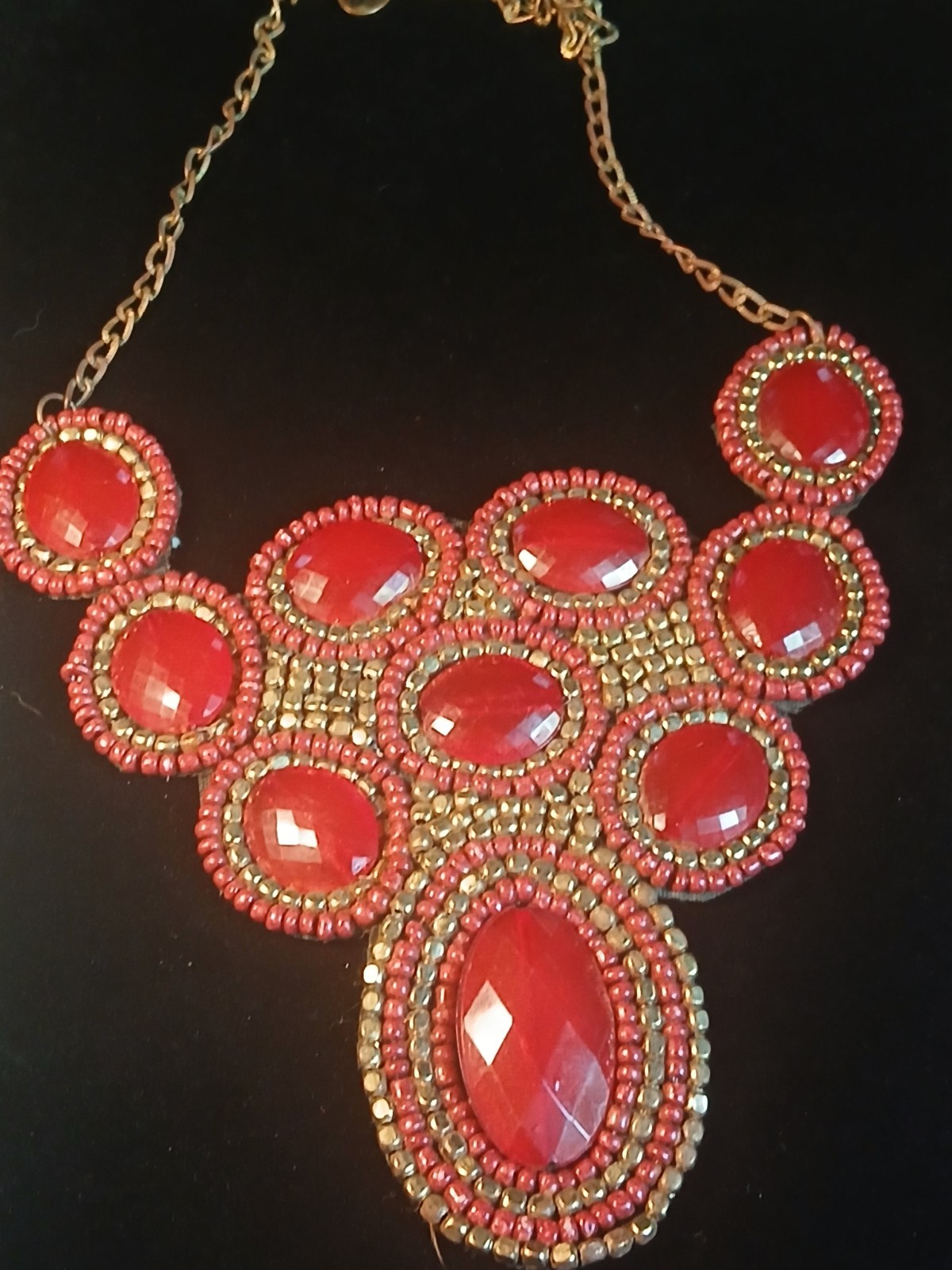 Vintage ZAD Necklace Bold Red Beads Gold Tone Boho Adjustable Signed 11-12 in