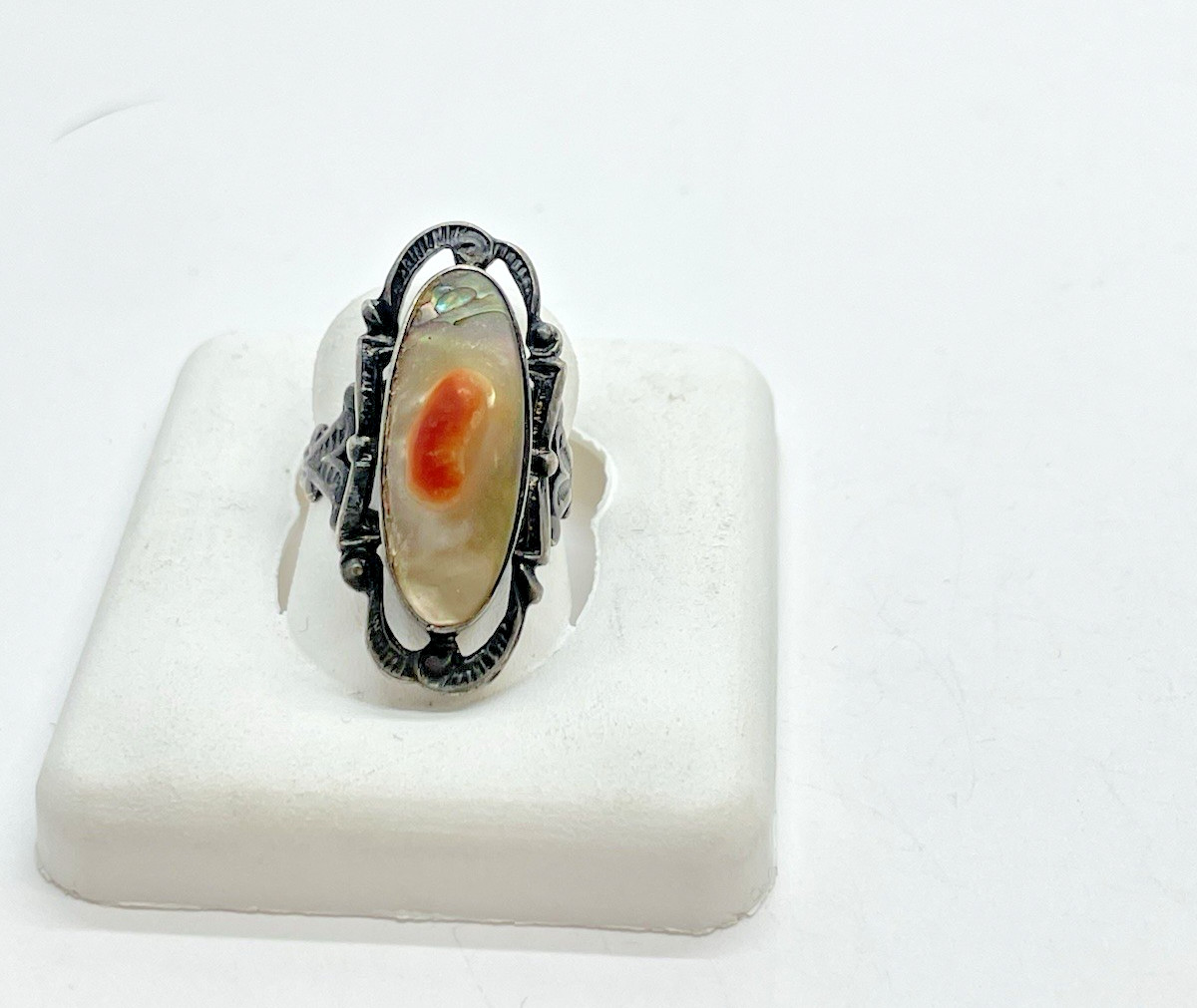 Vtg Art Nouveau Mother of Pearl Blister, Elongated Sterling Silver Ring 4.5 size