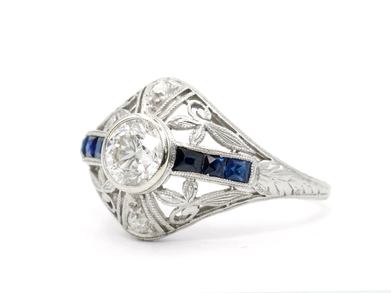Bezel Set Old Mine Cut Moissanite With Blue Sapphire Floral 925 Silver Ring