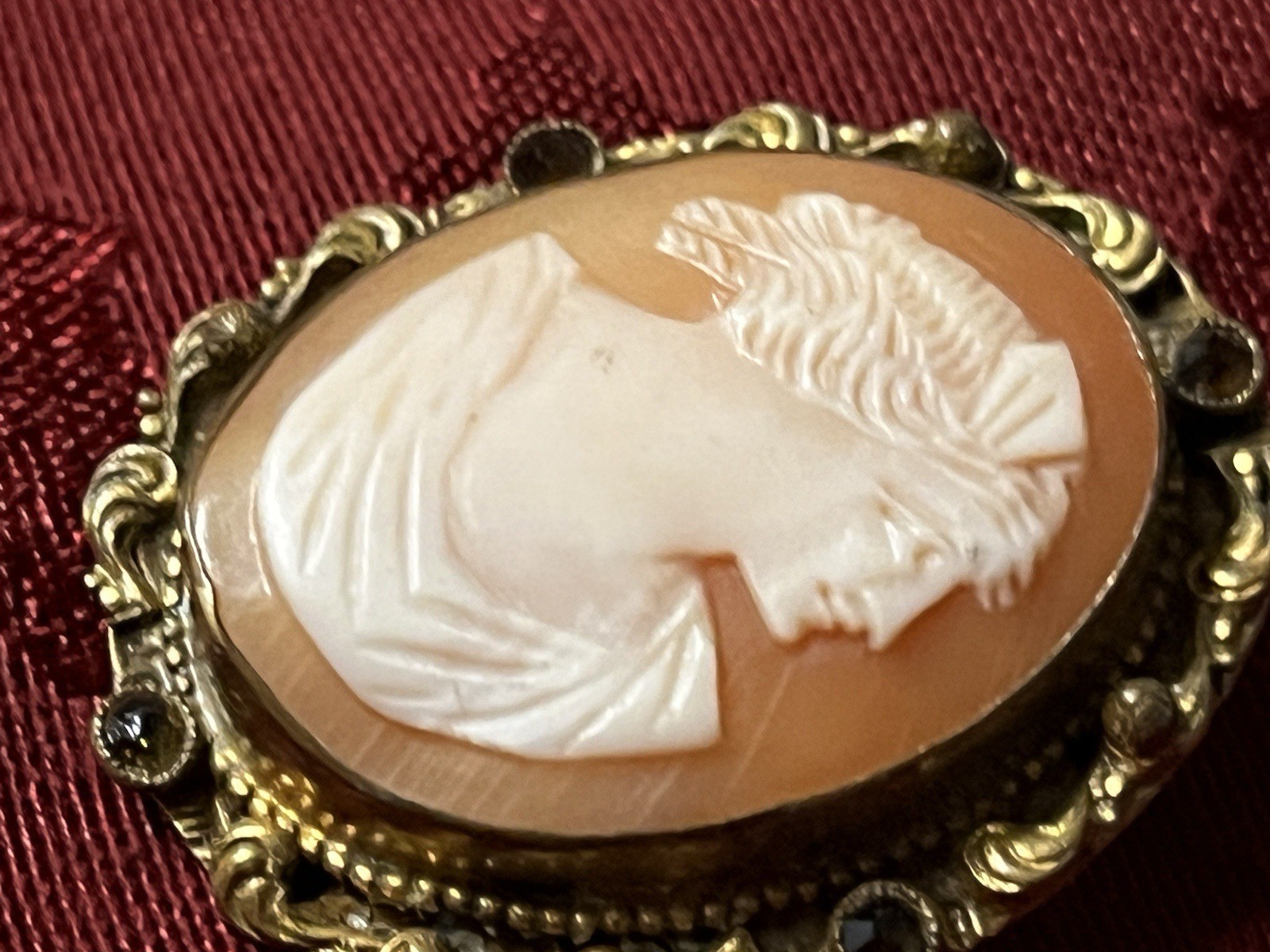 2 Antique Shell Cameo Brooches Pins One Is Ornate & Bejeweled