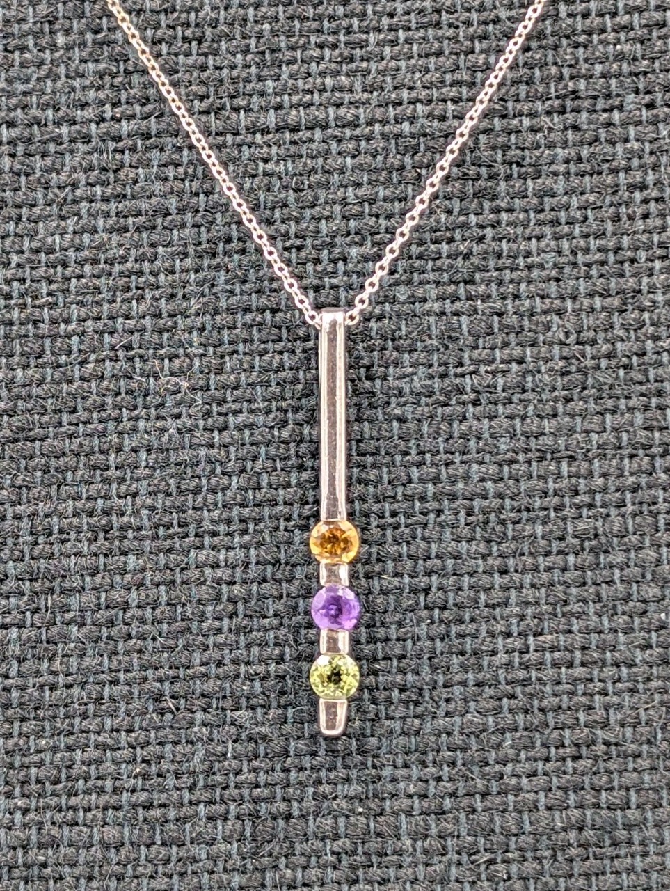 Vtg Sadye L Vassil 925 Sterling Silver 3 Gemstone Bar Pendant 16-18″ Necklace