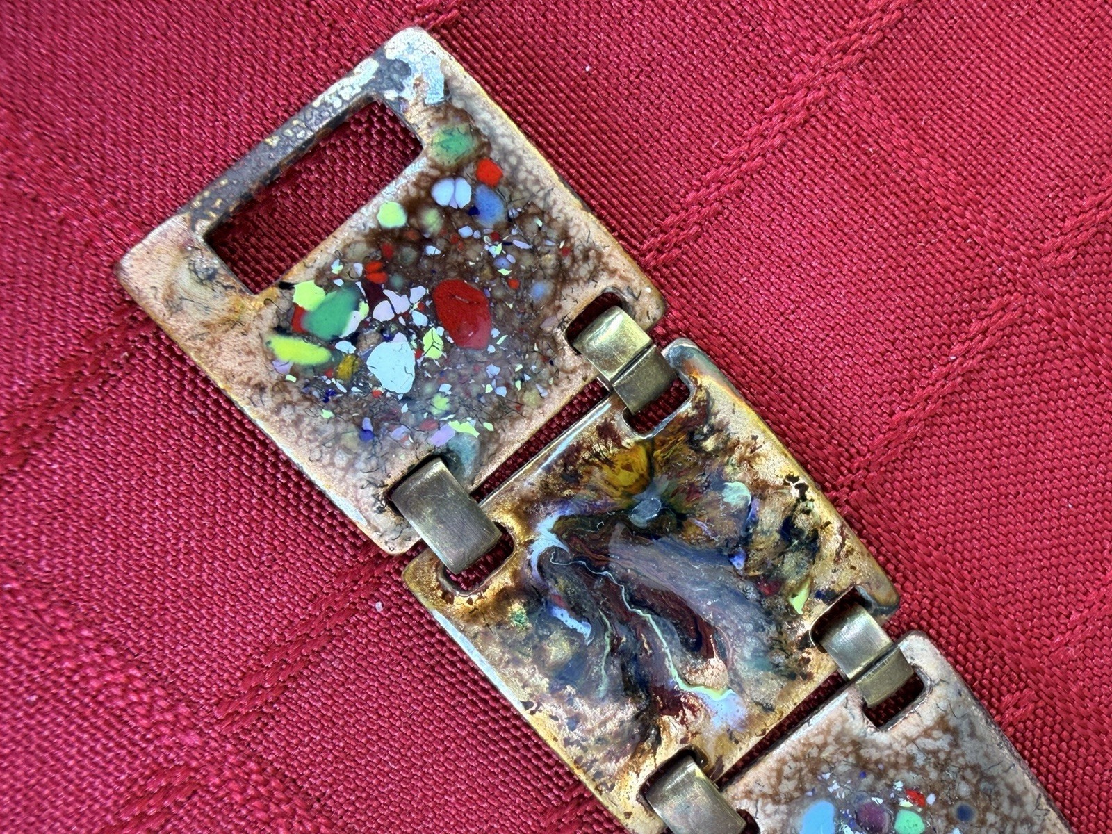 Vtg Enamel Copper Bracelet 7.5” Mid Century Abstract Confetti 8 Panel MCM Art