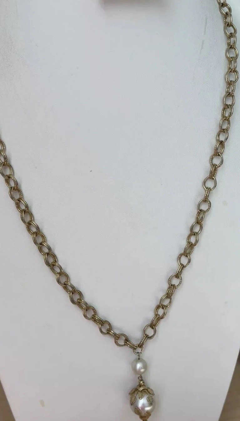 Faux Pearl Necklace / Gold Tone Chain/ Measures 25 In Total Length