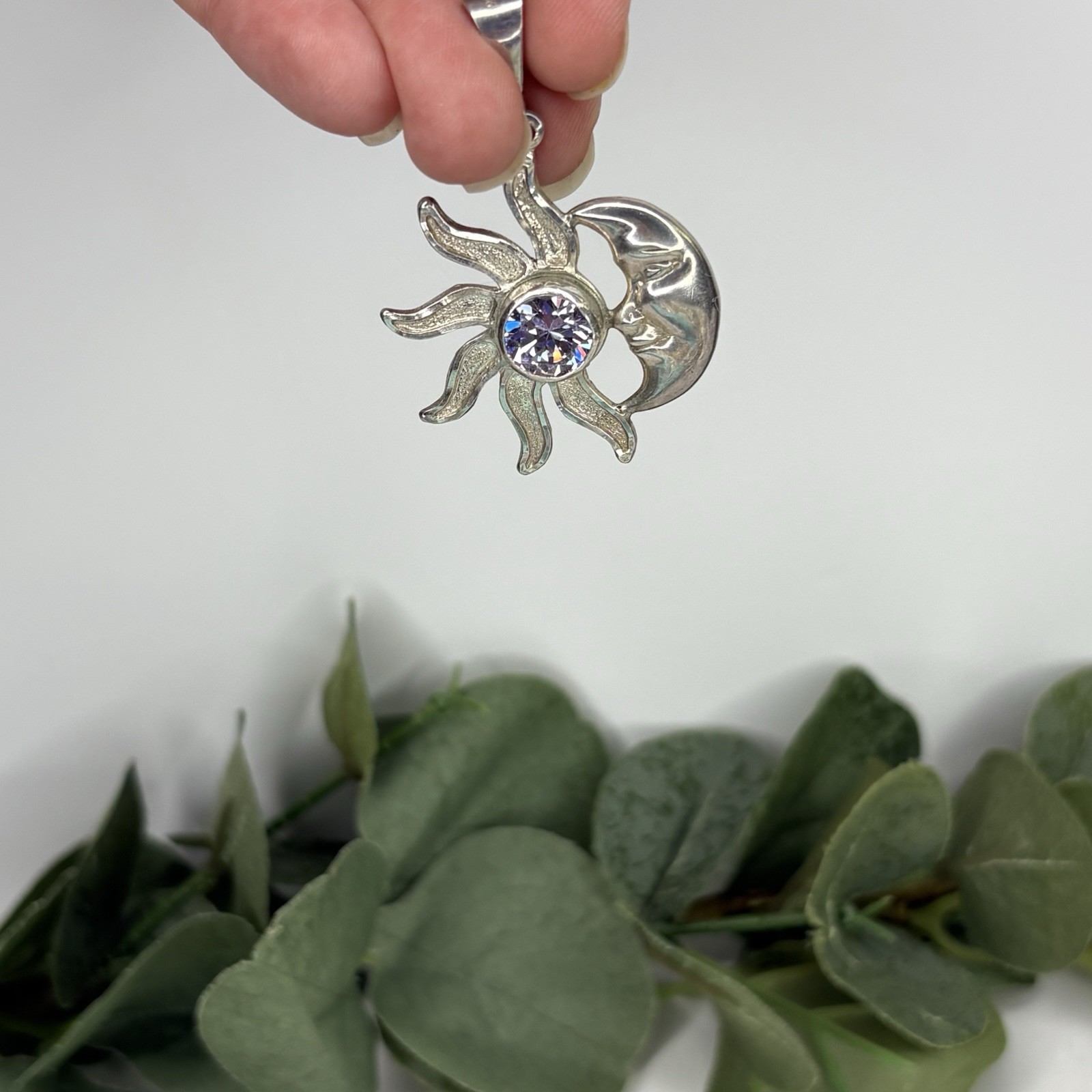 Vintage Mexico Sterling Silver Sun & Crescent Moon Eclipse Pendant Purple Stone